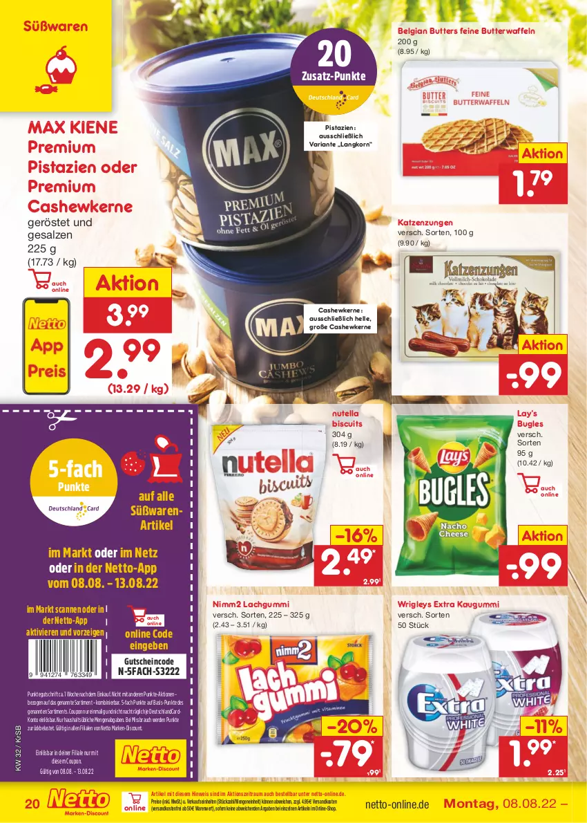 Aktueller Prospekt Netto Marken-Discount - Filial-Angebote - von 08.08 bis 13.08.2022 - strona 20 - produkty: bugles, butter, Cashew, cashewkerne, coupon, deutschlandcard, discount, eis, elle, erde, gutschein, kaugummi, korn, lachgummi, LG, marken-discount, ndk, nimm2, nutella, pistazien, Rauch, reis, Ria, salz, Ti, versandkostenfrei, waffeln