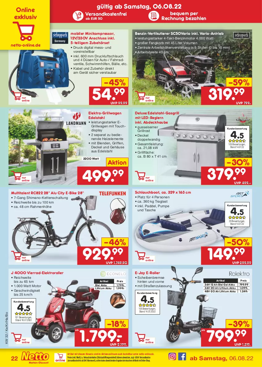 Aktueller Prospekt Netto Marken-Discount - Filial-Angebote - von 08.08 bis 13.08.2022 - strona 22 - produkty: abdeckhaube, akku, auto, Brei, decke, Deckel, E-Bike, E-Roller, edelstahl, eis, Elektro, Elektroroller, ente, Fahrrad, gasgrill, grill, grillfläche, grillrost, Kette, kompressor, korb, ndk, reis, Roller, Schal, schlauch, shimano, Tasche, Ti, Tiere, versandkostenfrei