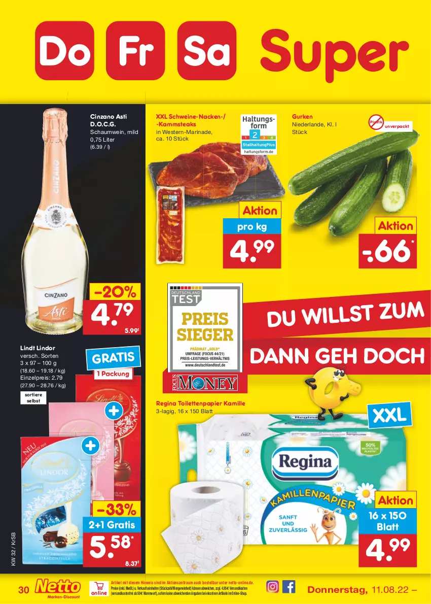 Aktueller Prospekt Netto Marken-Discount - Filial-Angebote - von 08.08 bis 13.08.2022 - strona 30 - produkty: asti, cin, cinzano, Cinzano Asti, eis, gin, gurke, gurken, Kamill, kamille, lindor, lindt, marinade, ndk, papier, reis, schwein, schweine, steak, steaks, Ti, Tiere, toilettenpapier, versandkostenfrei, wein, weine, Weste