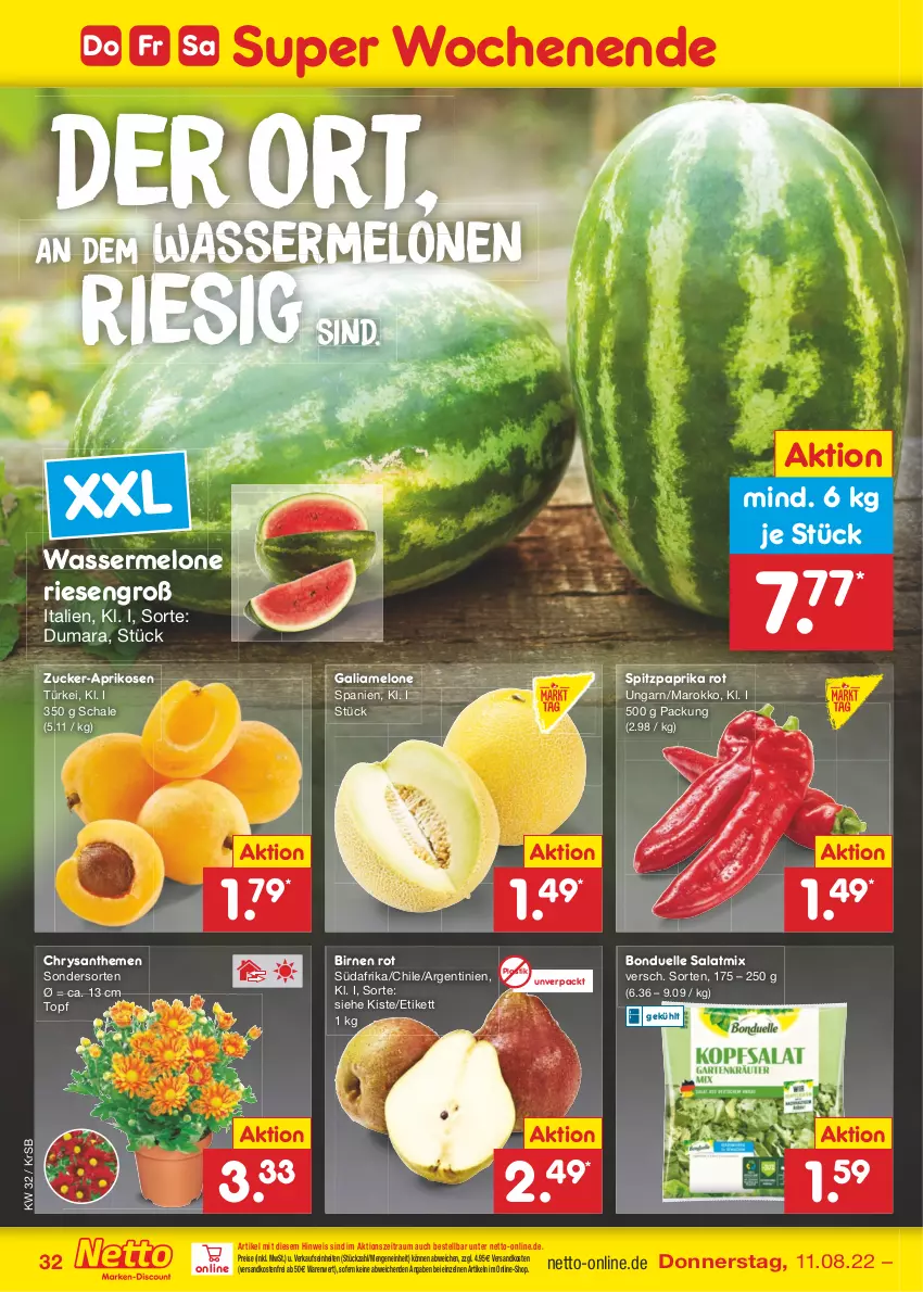 Aktueller Prospekt Netto Marken-Discount - Filial-Angebote - von 08.08 bis 13.08.2022 - strona 32 - produkty: aprikose, aprikosen, asti, Birnen, bonduelle, chrysanthemen, eis, elle, galiamelone, melone, melonen, ndk, paprika, paprika rot, reis, salat, Salatmix, Schal, Schale, Spitzpaprika, Ti, topf, versandkostenfrei, wasser, wassermelone, wassermelonen, zucker