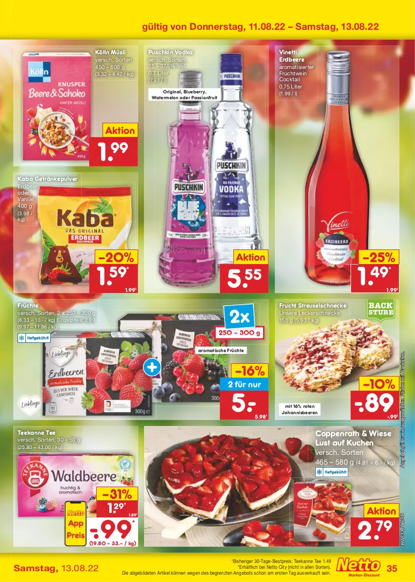 Aktueller Prospekt Netto Marken-Discount - Filial-Angebote - von 08.08 bis 13.08.2022 - strona 35 - produkty: angebot, backofen, beere, beeren, bestpreis, blueberry, cocktail, coppenrath, eis, erdbeere, frucht, früchte, getränk, getränke, getränkepulver, gin, johannisbeere, Johannisbeeren, kölln, kuchen, Lust auf Kuchen, müsli, Ofen, puschkin vodka, reis, stube, tee, teekanne, Ti, tisch, vanille, vodka, wein, ZTE