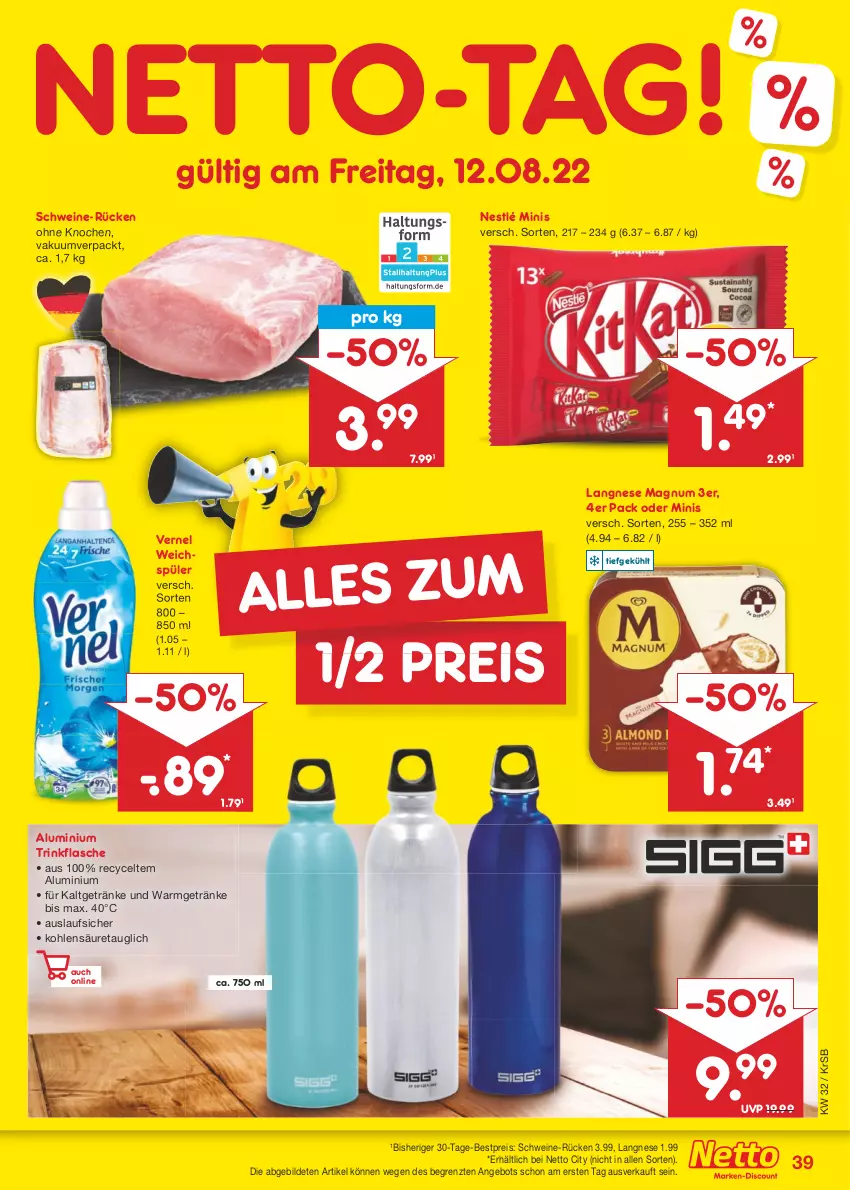 Aktueller Prospekt Netto Marken-Discount - Filial-Angebote - von 08.08 bis 13.08.2022 - strona 39 - produkty: angebot, bestpreis, eis, flasche, getränk, getränke, langnese, magnum, nestlé, reis, schwein, schweine, Ti, trinkflasche, vernel, weichspüler, wein, weine, ZTE