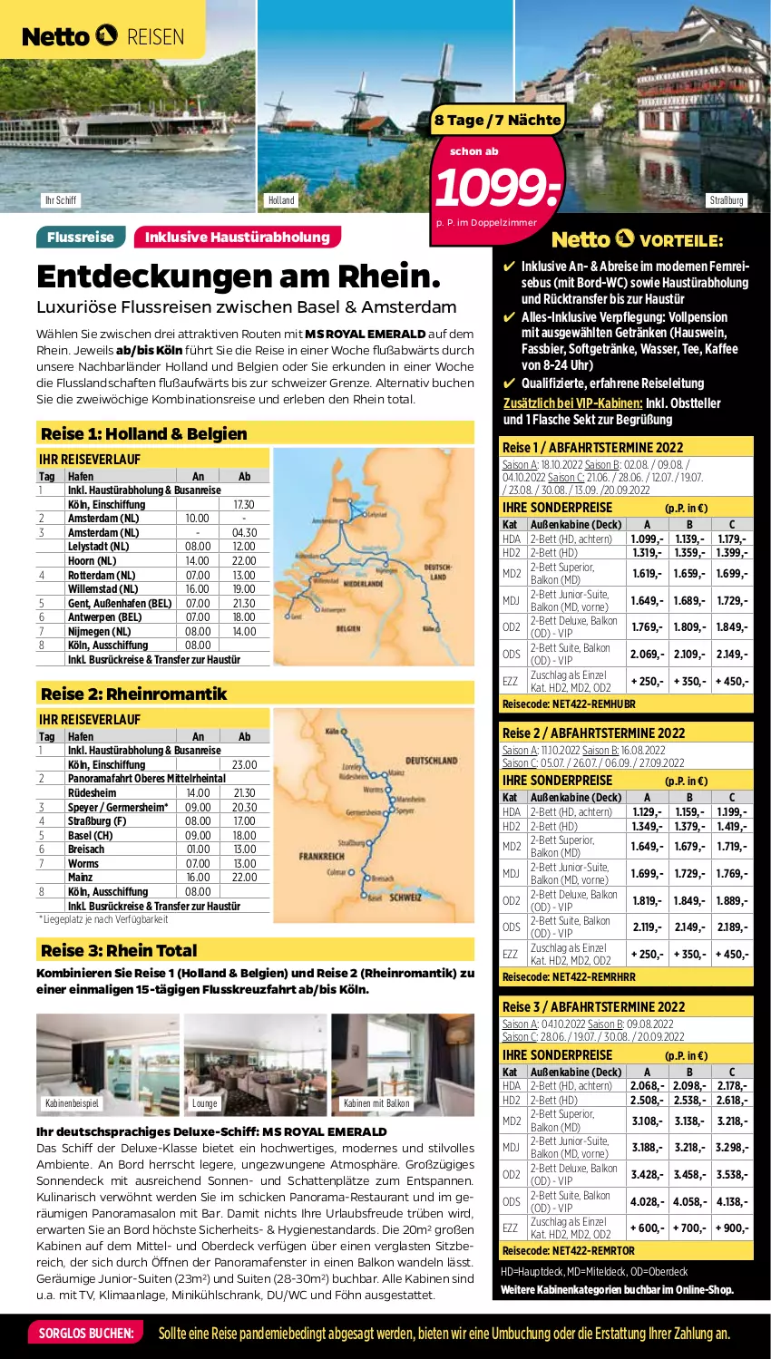 Aktueller Prospekt Netto - Netto-Reisen - von 24.01 bis 06.02.2022 - strona 3 - produkty: aust, bett, bier, Brei, bsf, buch, eis, elle, ente, erde, fenster, flasche, Germ, getränk, getränke, kaffee, kühlschrank, LG, Liege, Mode, obst, rama, reis, reiseverlauf, sac, Schrank, sekt, speyer, tee, teller, Ti, uhr, wasser, wein