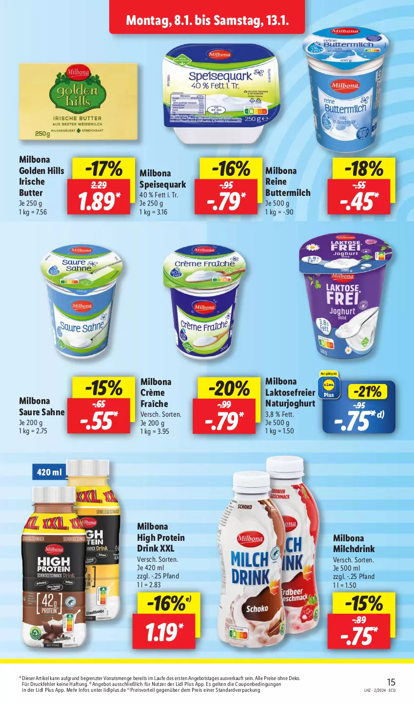 Aktueller Prospekt Lidl - Aktionsprospekt - von 08.01 bis 13.01.2024 - strona 21 - produkty: angebot, Bona, butter, buttermilch, coupon, crème fraîche, drink, eier, eis, irische butter, joghur, joghurt, Milbona, milch, natur, naturjoghurt, preisvorteil, quark, reine buttermilch, reis, sahne, speisequark, Ti, ZTE