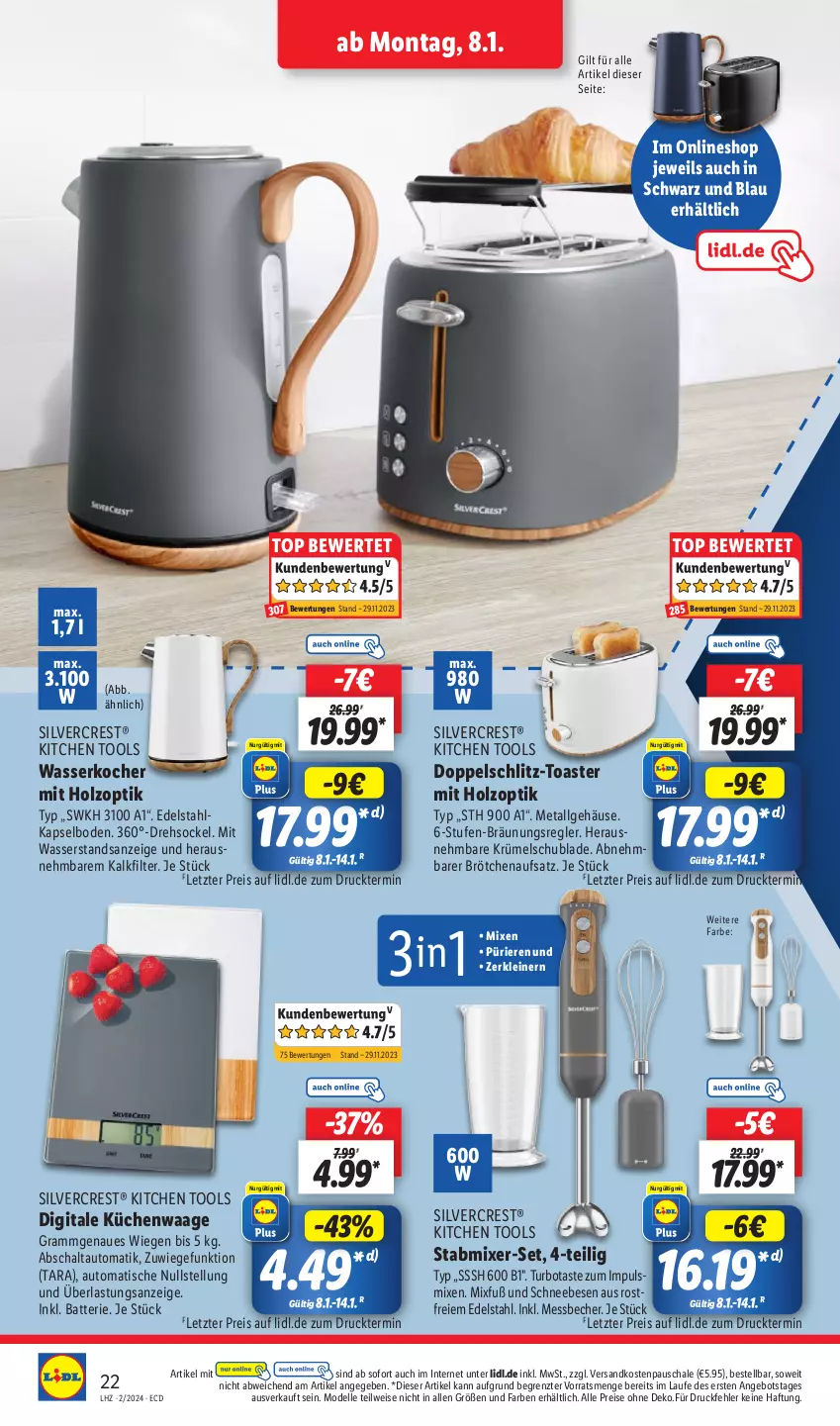 Aktueller Prospekt Lidl - Aktionsprospekt - von 08.01 bis 13.01.2024 - strona 28 - produkty: angebot, auto, batterie, Becher, brötchen, brötchenaufsatz, dell, edelstahl, eis, elle, gefu, Holz, Kocher, küche, Küchen, Küchenwaage, leine, LG, Messbecher, Mixer, Mode, ndk, reis, Schal, Schale, Schneebesen, silvercrest, stabmixer, Ti, tisch, toast, toaster, Waage, wasser, wasserkocher, ZTE