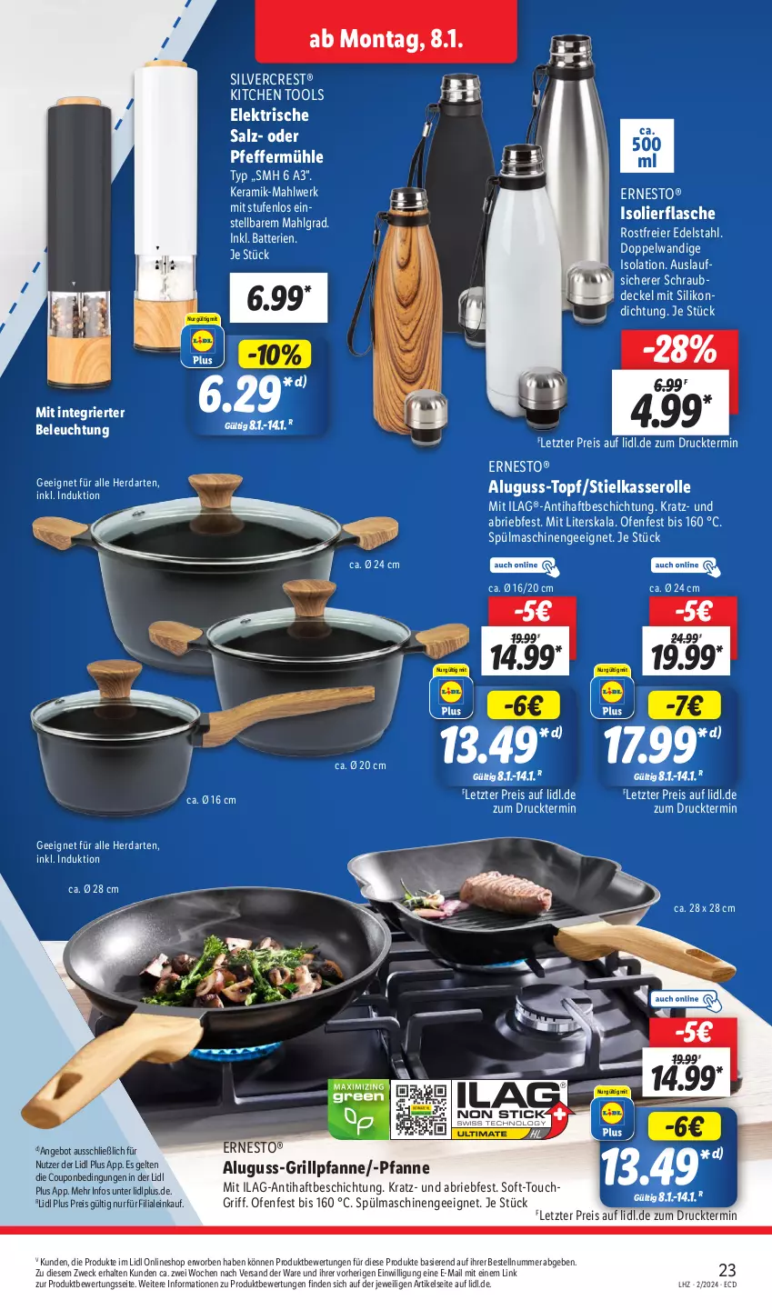 Aktueller Prospekt Lidl - Aktionsprospekt - von 08.01 bis 13.01.2024 - strona 29 - produkty: angebot, batterie, batterien, beleuchtung, brie, coupon, decke, Deckel, edelstahl, eier, eis, ernesto, flasche, grill, Grillpfanne, herdarten, ilag, isolierflasche, LG, Ofen, pfanne, pfeffer, Pfeffermühle, reis, salz, silvercrest, spülmaschinen, stielkasserolle, Ti, topf, weck, ZTE