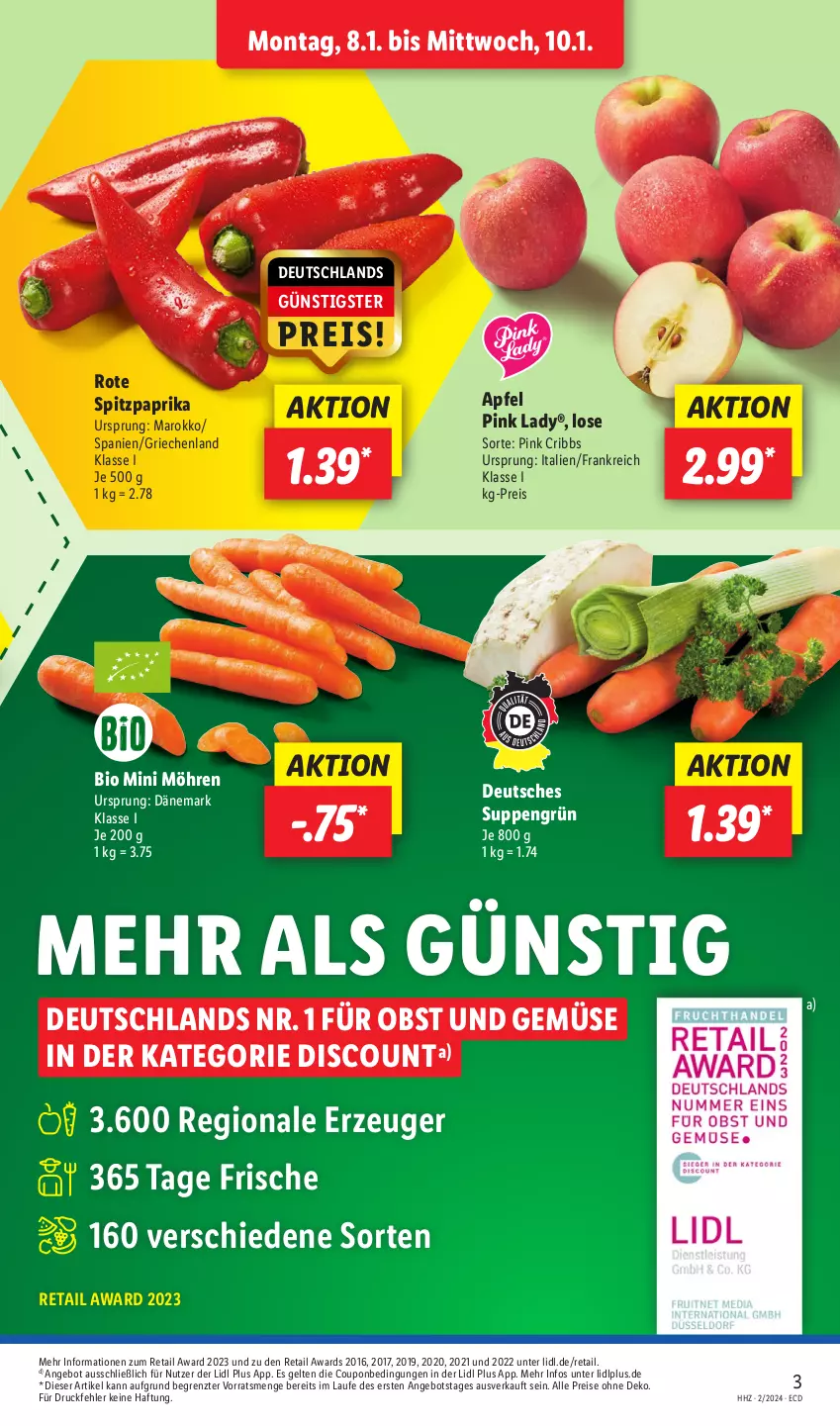 Aktueller Prospekt Lidl - Aktionsprospekt - von 08.01 bis 13.01.2024 - strona 3 - produkty: angebot, apfel, bio, coupon, discount, eis, möhren, obst, Obst und Gemüse, paprika, Pink Lady, reis, Spitzpaprika, suppe, suppen, Ti, und gemüse, ZTE