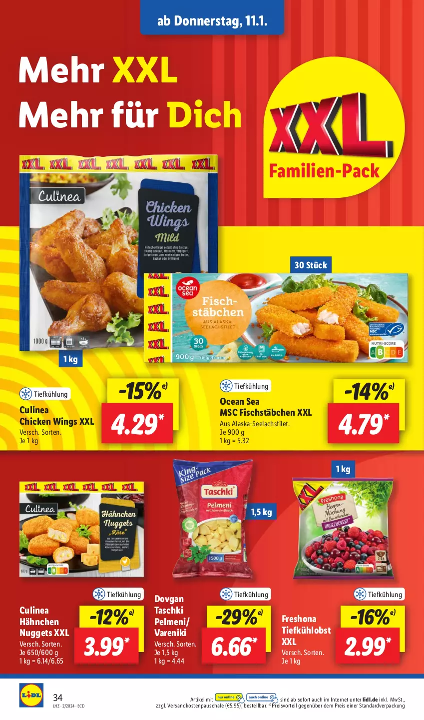 Aktueller Prospekt Lidl - Aktionsprospekt - von 08.01 bis 13.01.2024 - strona 48 - produkty: Alaska-Seelachs, Alaska-Seelachsfilet, chicken wings, dovgan, eis, filet, fisch, fischstäbchen, lachs, lachsfilet, ndk, nuggets, obst, pelmeni, preisvorteil, reis, Schal, Schale, seelachsfilet, taschki, Ti