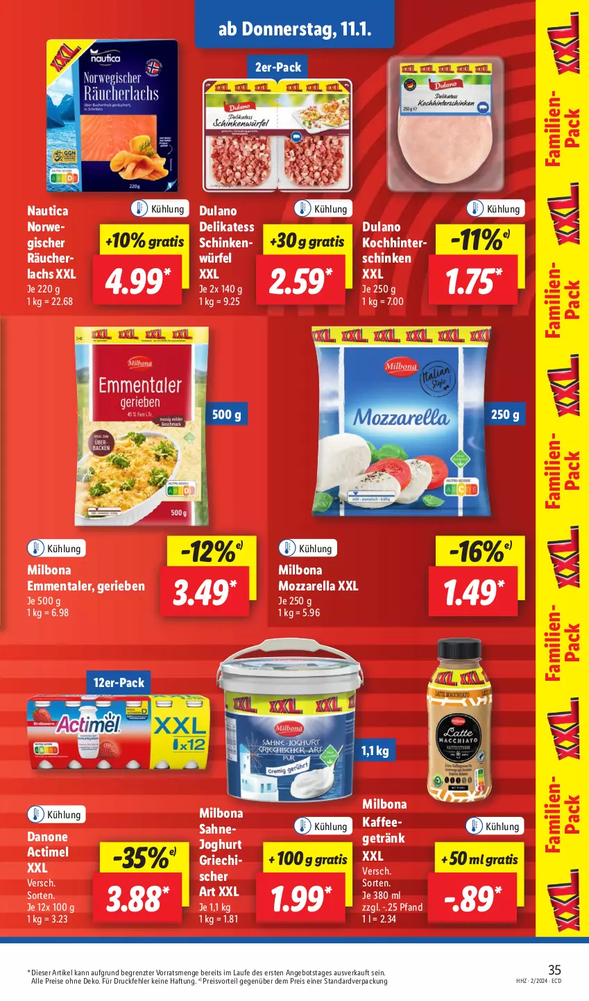 Aktueller Prospekt Lidl - Aktionsprospekt - von 08.01 bis 13.01.2024 - strona 49 - produkty: actimel, angebot, Bona, danone, dulano, eis, emmentaler, getränk, hinterschinken, joghur, joghurt, kaffee, lachs, Milbona, mozzarella, preisvorteil, Räucherlachs, reis, rel, rwe, sahne, Sahnejoghurt, schinken, Ti, würfel, ZTE