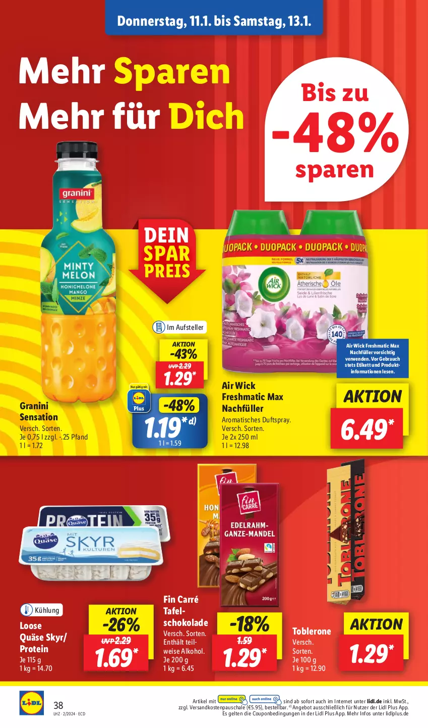 Aktueller Prospekt Lidl - Aktionsprospekt - von 08.01 bis 13.01.2024 - strona 52 - produkty: Air Wick, alkohol, angebot, coupon, Duftspray, eis, elle, granini, Loose, ndk, quäse, Rauch, reis, rwe, Schal, Schale, schoko, schokolade, Skyr, teller, Ti, tisch, toblerone, WICK