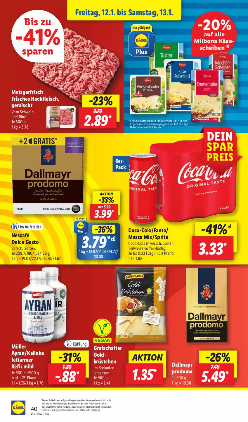 Aktueller Prospekt Lidl - Aktionsprospekt - von 08.01 bis 13.01.2024 - strona 54 - produkty: angebot, Ayran, Bona, coca-cola, cola, coupon, dallmayr, dallmayr prodomo, dolce gusto, drucker, eis, elle, Engel, fanta, fleisch, geback, grafschafter, hackfleisch, Käse, käsescheiben, Kefir, kerze, Mezzo Mix, Milbona, Müller, Nescafé, Ofen, papier, preisvorteil, prodomo, reis, rind, schwein, schwein und rind, sprite, steinofen, teller, Ti, vom schwein und rind, wein, ZTE