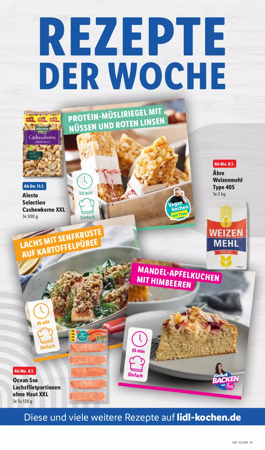 Aktueller Prospekt Lidl - Aktionsprospekt - von 08.01 bis 13.01.2024 - strona 7 - produkty: alesto, Cashew, cashewkerne, filet, kuchen, lachs, lachsfilet, linsen, mandel, mehl, püree, rezept, rezepte, riegel, Ti, type 405, weizenmehl