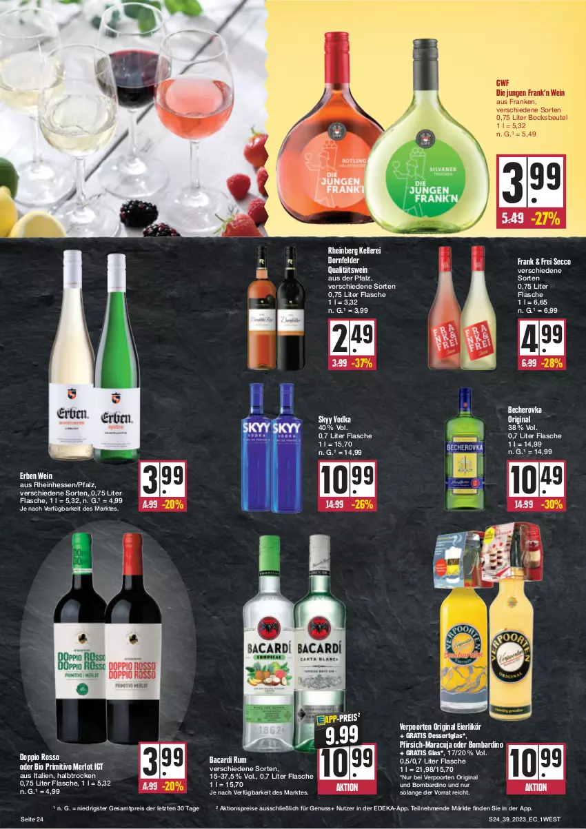 Aktueller Prospekt Edeka - Angebote der Woche - von 25.09 bis 30.09.2023 - strona 24 - produkty: aktionspreis, bacardi, bacardi rum, Becher, Becherovka, beutel, bio, deka, dessert, dornfelder, ecco, eier, eierlikör, eis, elle, flasche, gin, hero, likör, maracuja, merl, merlot, nuss, pfirsich, primitivo, qualitätswein, reis, rum, skyy, Skyy Vodka, Ti, verpoorten, vodka, wein, ZTE