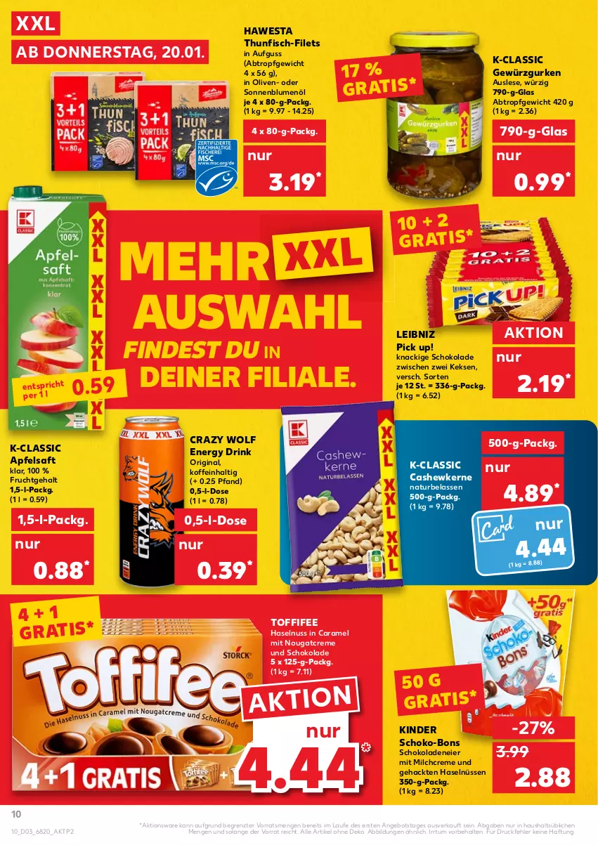 Aktueller Prospekt Kaufland - von 20.01 bis 26.01.2022 - strona 10 - produkty: angebot, apfel, apfelsaft, blume, blumen, blumenöl, caramel, Cashew, cashewkerne, creme, drink, eier, energy drink, filet, filets, fisch, frucht, gewürz, Gewürzgurke, gewürzgurken, gin, gurke, gurken, haselnuss, hawesta, keks, kekse, Kinder, leibniz, milch, natur, Nougatcreme, nuss, olive, oliven, Pick Up!, saft, schoko, schoko-bons, schokolade, schokoladen, sonnenblume, sonnenblumen, sonnenblumenöl, thunfisch, Ti, toffifee, ZTE