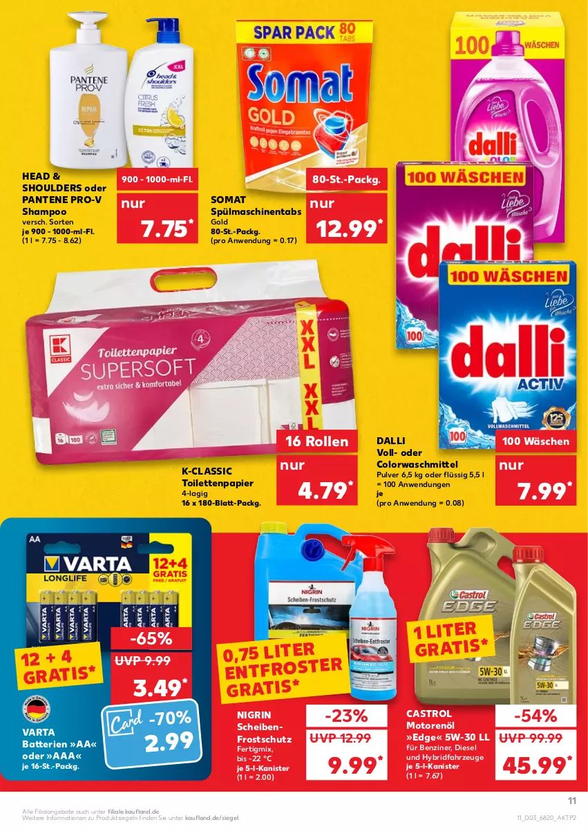 Aktueller Prospekt Kaufland - von 20.01 bis 26.01.2022 - strona 11 - produkty: angebot, angebote, batterie, batterien, colorwaschmittel, dalli, Diesel, motorenöl, Nigrin, pantene, pantene pro-v, papier, pro-v, Scheibenfrostschutz, shampoo, somat, spülmaschinen, spülmaschinentabs, Ti, toilettenpapier, varta, waschmittel