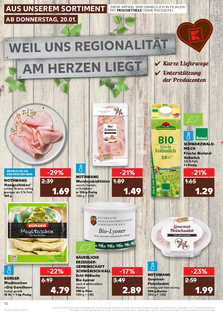 Aktueller Prospekt Kaufland - von 20.01 bis 26.01.2022 - strona 12 - produkty: angebot, Becher, bio, bioland, eis, elle, ente, fleisch, fleischsalat, honig, lyoner, maultaschen, milch, rezept, rwe, saft, salat, schinken, Spezi, Tasche, taschen, Ti, vollmilch, wurst, Yo, ZTE