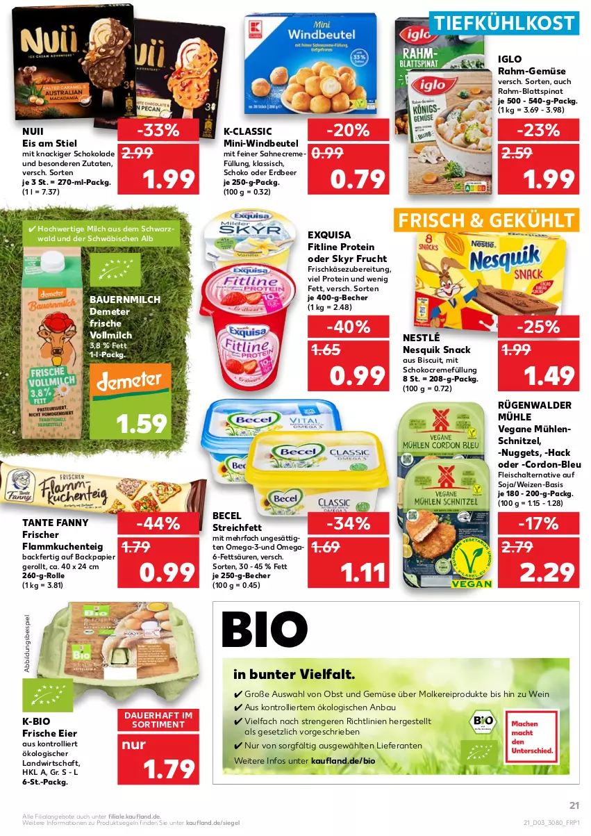 Aktueller Prospekt Kaufland - von 20.01 bis 26.01.2022 - strona 21 - produkty: angebot, angebote, auer, Bau, Bauer, becel, Becher, beutel, bio, blattspinat, creme, eier, eis, ente, exquisa, fitline, flammkuchen, Flammkuchenteig, fleisch, Fleischalternative, frischkäse, frischkäsezubereitung, frucht, iglo, Käse, kuchen, lamm, milch, molkereiprodukte, nesquik, nestlé, nuggets, nuii, obst, Obst und Gemüse, omega, Omega-3, papier, rahm-gemüse, rügenwalder, rügenwalder mühle, sahne, Schal, schnitzel, schoko, schokolade, Skyr, snack, soja, spinat, tante fanny, Ti, tiefkühlkost, trolli, und gemüse, vollmilch, wein, Windbeutel