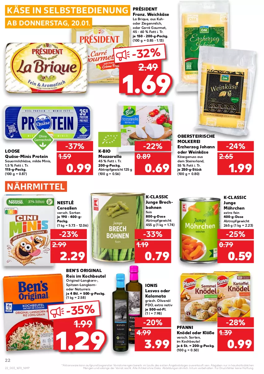 Aktueller Prospekt Kaufland - von 20.01 bis 26.01.2022 - strona 22 - produkty: angebot, auer, beutel, bio, bohne, bohnen, cerealien, eis, gin, Käse, Knödel, kochbeutel, korn, Loose, milch, mozzarella, natur, nestlé, nuss, olive, oliven, olivenöl, pfanni, quäse, reis, rel, Sauermilchkäse, spitzen-langkorn, Ti, weichkäse, wein, Weinkäse, ZTE