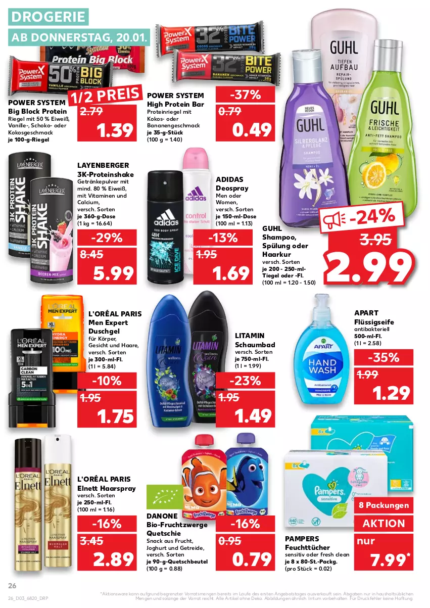 Aktueller Prospekt Kaufland - von 20.01 bis 26.01.2022 - strona 26 - produkty: Adidas, angebot, Bad, banane, bananen, Berger, beutel, bio, Calcium, danone, deo, deospray, duschgel, elnett, feuchttücher, flüssigseife, frucht, fruchtzwerge, getränk, getränke, getränkepulver, Guhl, haarspray, joghur, joghurt, kokos, mac, pampers, quetschbeutel, riegel, schaumbad, schoko, Seife, shake, shampoo, snack, spülung, Ti, tücher, vanille, vita, Vitamine, ZTE