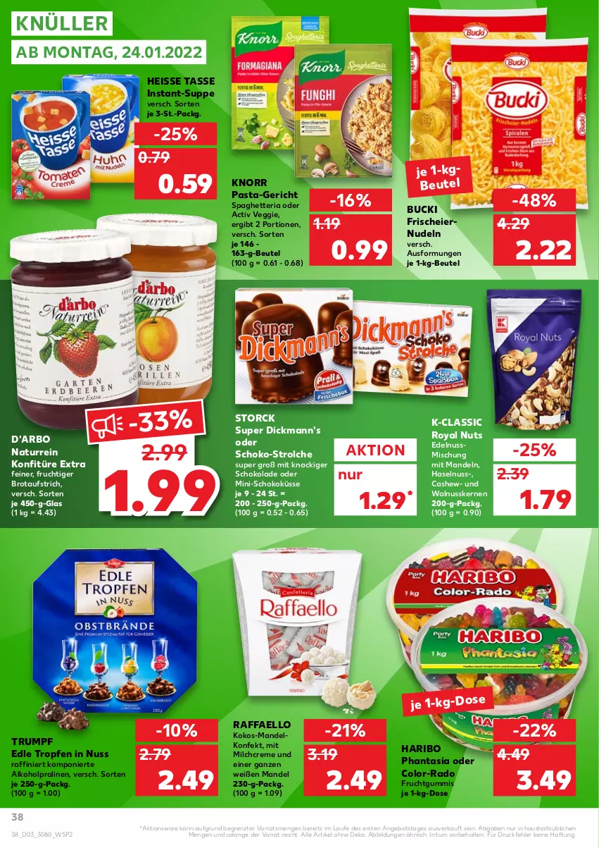 Aktueller Prospekt Kaufland - von 20.01 bis 26.01.2022 - strona 38 - produkty: alkohol, angebot, aufstrich, beutel, brot, brotaufstrich, Cashew, creme, Dickmann's, eier, eiernudeln, eis, frucht, fruchtgummi, fruchtgummis, haribo, haselnuss, knorr, knorr pasta, kokos, konfitüre, konfitüre extra, mandel, mandeln, milch, natur, nudel, nudeln, nuss, pasta, pralinen, raffaello, Ria, rum, schoko, schokolade, storck, suppe, tasse, Ti, veggie, walnuss, walnusskerne, ZTE