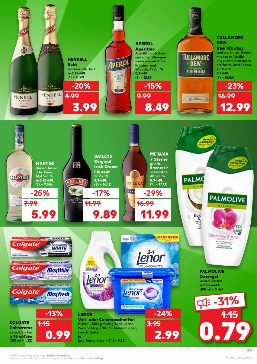 Aktueller Prospekt Kaufland - von 20.01 bis 26.01.2022 - strona 39 - produkty: angebot, angebote, aperitif, aperol, baileys, brut, colgate, colorwaschmittel, creme, duschgel, gin, henkel, henkell, henkell sekt, irish cream, irish whiskey, kräuter, kräutern, lenor, LG, liqueur, martini, Metaxa, olive, orange, orangen, palmolive, Pods, sekt, Spezi, Ti, tullamore, tullamore dew, vanille, waschmittel, wein, whiskey, zahncreme