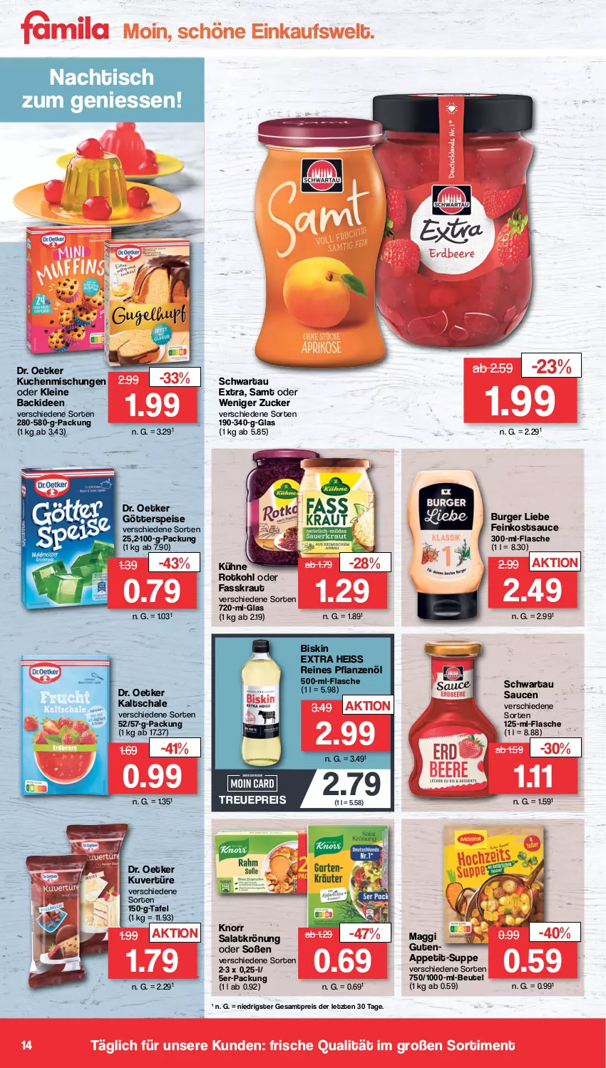 Aktueller Prospekt Famila - Prospekte - von 04.09 bis 09.09.2023 - strona 14 - produkty: beutel, burger, Dr. Oetker, eis, feinkost, flasche, götterspeise, knorr, Kraut, kuchen, Kühne, leine, maggi, pflanze, pflanzen, Pflanzenöl, reis, rotkohl, salat, salatkrönung, sauce, saucen, Schal, Schale, Schwartau, Soße, suppe, Ti, tisch, ZTE, zucker