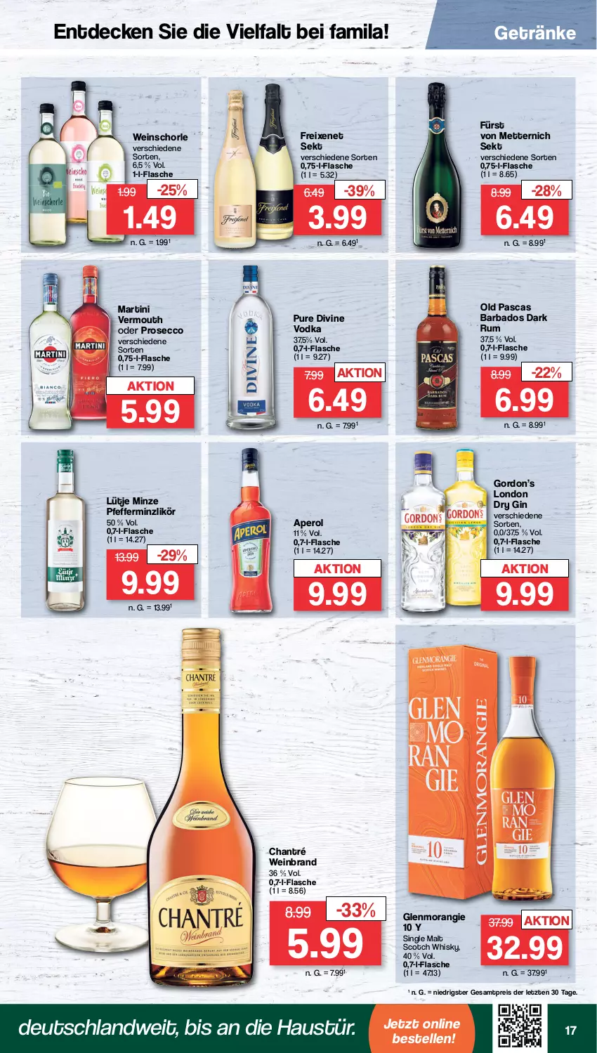 Aktueller Prospekt Famila - Prospekte - von 04.09 bis 09.09.2023 - strona 17 - produkty: aperol, aust, Bad, chantré, decke, dry gin, ecco, eis, elle, flasche, freixenet, fürst von metternich, getränk, getränke, gin, gordon, Gordon’s, likör, london dry, london dry gin, martini, Mett, metternich, minze, pfeffer, pfefferminzlikör, prosecco, reis, rum, schorle, scotch, scotch whisky, sekt, single malt, Ti, Vermouth, vodka, wein, weinbrand, weinschorle, whisky, ZTE