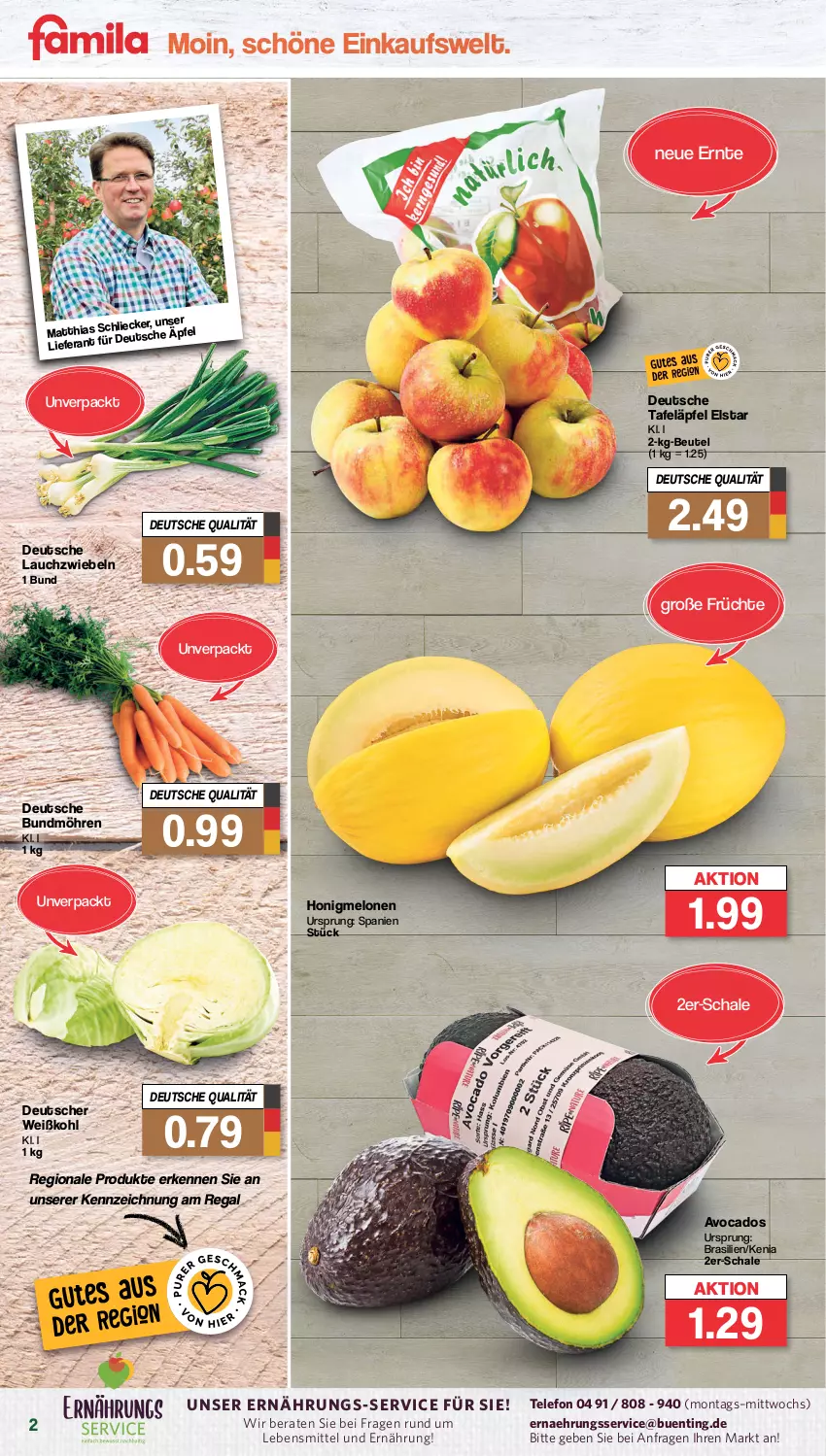 Aktueller Prospekt Famila - Prospekte - von 04.09 bis 09.09.2023 - strona 2 - produkty: avocado, avocados, beutel, Bundmöhren, früchte, honig, honigmelone, honigmelonen, Lauchzwiebel, lauchzwiebeln, lebensmittel, melone, melonen, möhren, regal, Schal, Schale, tafeläpfel, telefon, Ti, Weißkohl, zwiebel, zwiebeln