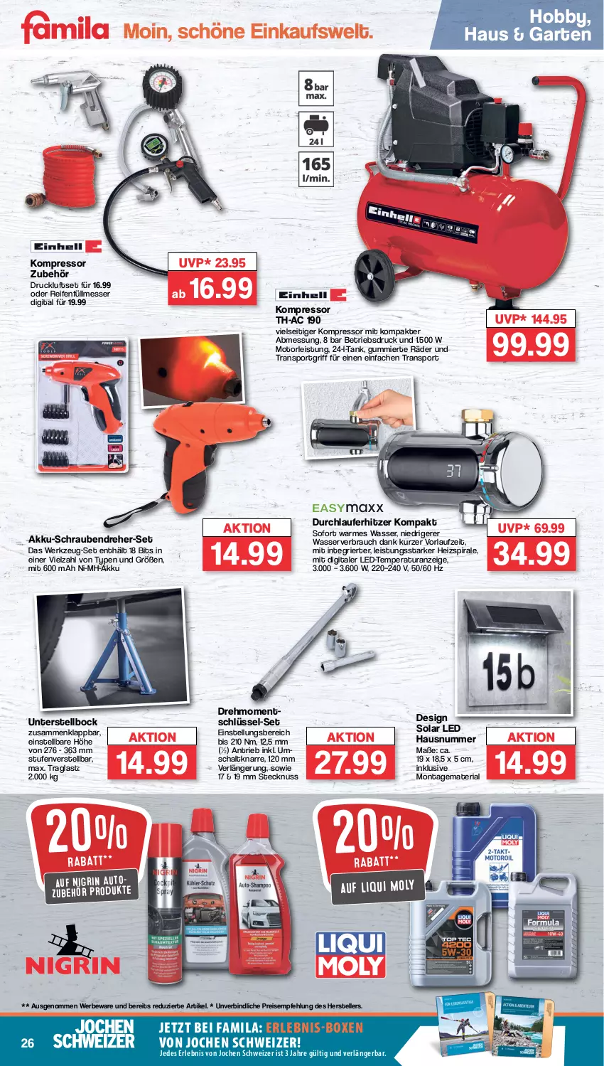 Aktueller Prospekt Famila - Prospekte - von 04.09 bis 09.09.2023 - strona 26 - produkty: akku, auto, Autozubehör, eis, elle, Garten, Hausnummer, Hobby, kompressor, messer, Nigrin, nuss, Rauch, reifen, reis, Ria, Schal, schrauben, Schraubendreher, Sport, teller, Ti, wasser, werkzeug