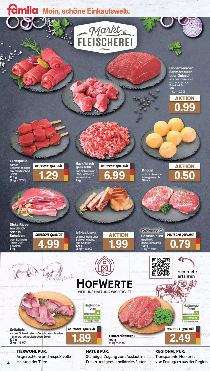 Aktueller Prospekt Famila - Prospekte - von 04.09 bis 09.09.2023 - strona 4 - produkty: braten, eis, ente, filet, filets, fleisch, gewürz, gin, grill, gulasch, hackfleisch, hackfleisch gemischt, hüftsteak, Knödel, lachs, mac, natur, rind, rinder, Rinderroulade, rinderrouladen, rouladen, rwe, schinken, schmorbraten, schwein, schwein und rind, schweine, schweinefleisch, Schweinelachs, steak, Ti, Tiere, tisch, wein, weine