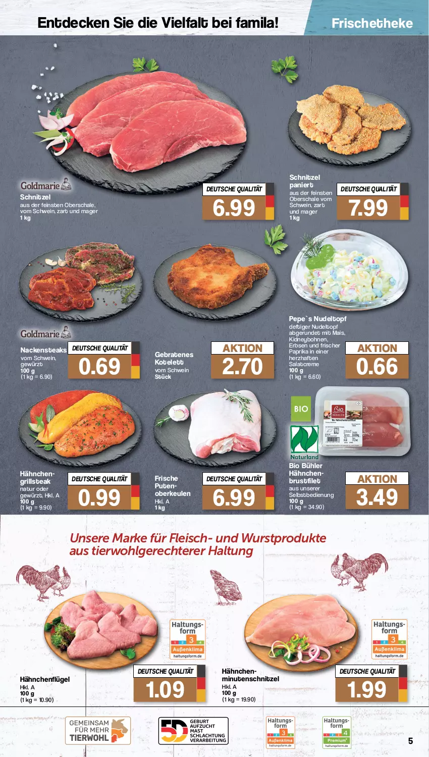 Aktueller Prospekt Famila - Prospekte - von 04.09 bis 09.09.2023 - strona 5 - produkty: bio, bohne, bohnen, braten, brustfilet, creme, decke, eis, erbsen, filet, fleisch, gewürz, grill, hähnchenflügel, kidney, kotelett, LG, mais, minutenschnitzel, Nackensteak, nackensteaks, natur, nudel, paprika, pute, salat, salatcreme, Schal, Schale, schnitzel, schwein, steak, steaks, Ti, topf, wein, wurst