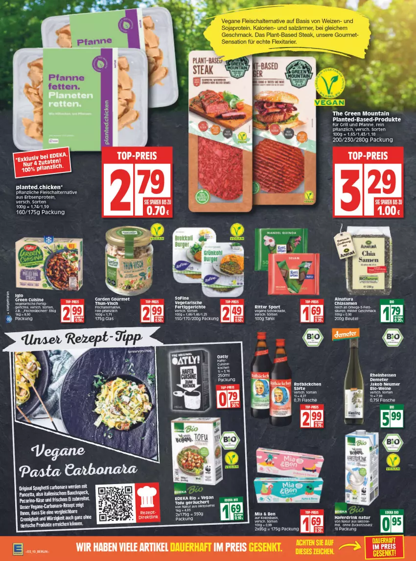 Aktueller Prospekt Edeka - Angebote der Woche - von 17.01 bis 22.01.2022 - strona 10 - produkty: Bau, beutel, bio, burger, chia, drink, eis, Elan, erbsen, fertiggericht, fertiggerichte, fisch, fischstäbchen, flasche, fleisch, Fleischalternative, für grill und pfanne, gin, grill, grill und pfanne, hafer, Haferdrink, Käse, mac, natur, natura, omega, Omega-3, Pecorino, pfanne, reis, rel, ritter, ritter sport, säfte, Schal, schoko, schokolade, spaghetti, Speck, Sport, tee, Ti, top-preis, und pfanne, Vegeta, zucker