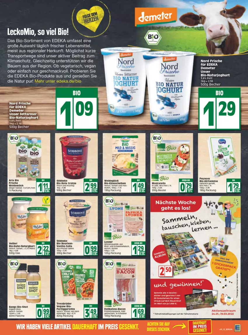 Aktueller Prospekt Edeka - Angebote der Woche - von 17.01 bis 22.01.2022 - strona 13 - produkty: arla, auer, aus dem kühlregal, bacon, Bau, Bauer, Becher, beutel, bier, Biere, bio, bourbon, deka, dell, edeka bio, eis, fertiggericht, fertiggerichte, flasche, fleisch, frucht, Frühstücksspeck, grütze, hafer, hirtenkäse, ingwer, joghur, joghurt, Käse, käsescheiben, kühlregal, lebensmittel, lyoner, mac, milch, mozzarella, natur, naturjoghurt, regal, rel, rind, Rote Grütze, sahne, schwein, schweine, schweinefleisch, söbbeke, Soße, Speck, spitzenqualität, Sport, Ti, vanille, Vegeta, weidemilch, wein, weine, Yo