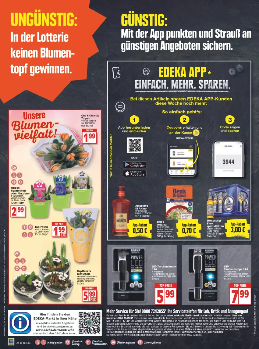 Aktueller Prospekt Edeka - Angebote der Woche - von 17.01 bis 22.01.2022 - strona 20 - produkty: Amaretto, angebot, angebote, arla, beutel, blume, blumen, bügel, deka, eis, elle, flasche, gin, LG, mönchshof, Narzissen, papier, pflanze, reis, rel, rosen, Schal, Schale, Spezi, spitzenqualität, telefon, Ti, top-preis, topf, uhr, ZTE, zwiebel, zwiebeln