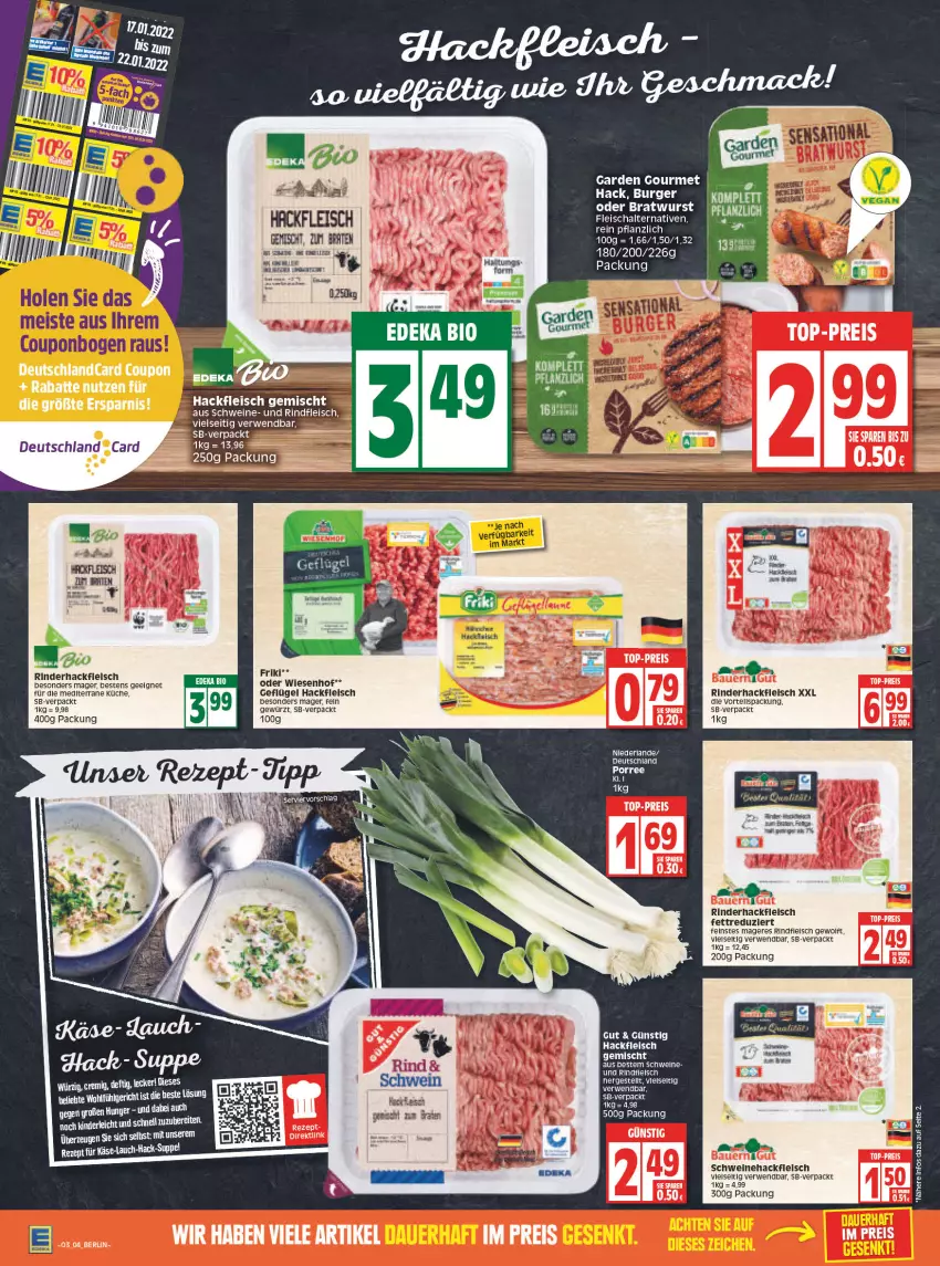 Aktueller Prospekt Edeka - Angebote der Woche - von 17.01 bis 22.01.2022 - strona 4 - produkty: bio, burger, coupon, deka, deutschland card, deutschlandcard, eis, ente, fleisch, Fleischalternative, garden gourmet, Geflügel, gewürz, hackfleisch, hackfleisch gemischt, küche, reis, rezept, rind, rinder, rinderhackfleisch, rindfleisch, rwe, Schal, schwein, schweine, Schweinehackfleisch, Ti, top-preis, wein, weine, wiesenhof