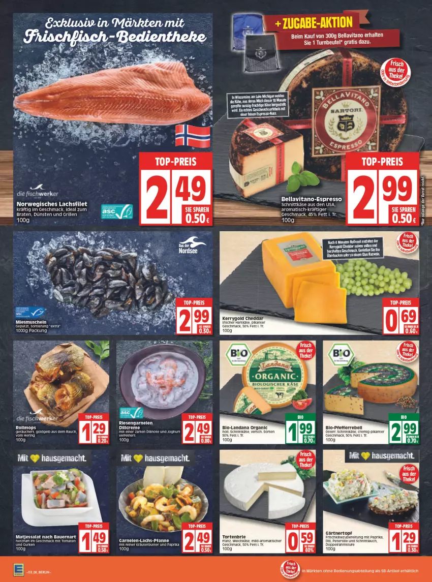 Aktueller Prospekt Edeka - Angebote der Woche - von 17.01 bis 22.01.2022 - strona 6 - produkty: Abtei, auer, Bau, Bauer, beutel, bio, braten, brie, butter, cheddar, eis, elle, espresso, filet, frischkäse, garnelen, grill, hartkäse, hering, ideal zum braten, joghur, joghurt, Käse, kerrygold, kräuter, kräuterbutter, lachs, lachsfilet, mac, matjes, milch, mit paprika, paprika, petersilie, pfanne, pfeffer, Rauch, rebell, reis, rel, riesengarnelen, ring, rwe, salat, schnittkäse, schnittlauch, Ti, tisch, tomate, tomaten, top-preis, topf, torte, vita