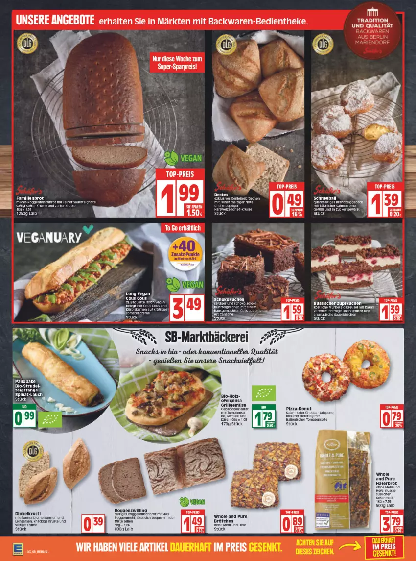 Aktueller Prospekt Edeka - Angebote der Woche - von 17.01 bis 22.01.2022 - strona 8 - produkty: auer, backwaren, ball, bier, bio, blume, blumen, brandt, brot, brötchen, cheddar, Cous Cous, creme, Donut, eis, elle, grill, hafer, Hefe, Holz, kakao, Käse, kirsch, kirsche, kirschen, LG, mac, malz, mehl, nuss, Ofen, pizza, quark, reis, rum, saft, salami, sauerkirschen, schoko, snack, snacks, sonnenblume, sonnenblumen, Sonnenblumenkerne, sonnenblumenkernen, Soße, spinat, Strudel, tee, Ti, tisch, tomate, tomaten, top-preis