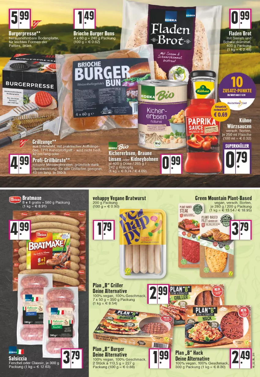 Aktueller Prospekt Edeka - Angebote der Woche - von 18.04 bis 23.04.2022 - strona 11 - produkty: Bodenplatte, bratwurst, brot, burger, burger buns, flasche, grill, Kühne, latte, mac, salsiccia, sesam, steak, Ti, wurst