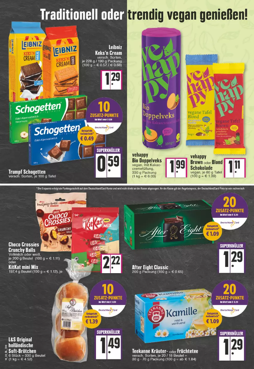 Aktueller Prospekt Edeka - Angebote der Woche - von 18.04 bis 23.04.2022 - strona 16 - produkty: ball, beutel, bio, choco crossies, creme, crossies, früchte, Früchtetee, gin, kakao, keks, kitkat, kräuter, leibniz, milch, schogetten, schoko, schokolade, tee, teekanne, Ti, vollmilch