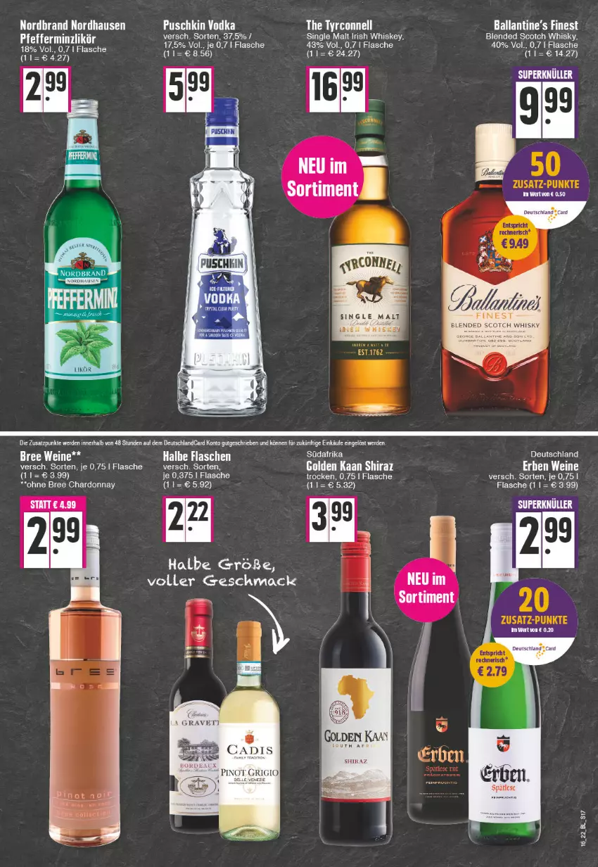 Aktueller Prospekt Edeka - Angebote der Woche - von 18.04 bis 23.04.2022 - strona 17 - produkty: ball, blended scotch, blended scotch whisky, bree, chardonnay, ente, flasche, irish whiskey, likör, mac, nordbrand, pfeffer, pfefferminzlikör, scotch, scotch whisky, single malt, Ti, wein, weine, whiskey, whisky