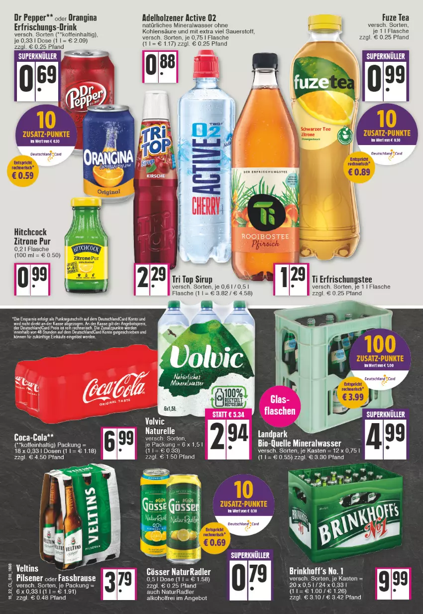 Aktueller Prospekt Edeka - Angebote der Woche - von 18.04 bis 23.04.2022 - strona 18 - produkty: adelholzener, alkohol, Alwa, angebot, auer, bio, coca-cola, cola, deutschland card, deutschlandcard, drink, eis, elle, flasche, fuze tea, gin, Holz, LG, mineralwasser, natur, natürliches mineralwasser, orangina, radler, reis, rel, tee, Ti, volvic, wasser