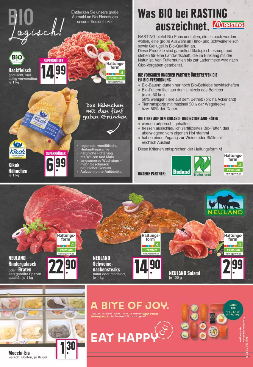 Aktueller Prospekt Edeka - Angebote der Woche - von 18.04 bis 23.04.2022 - strona 19 - produkty: asti, auer, Bau, Bauer, bio, bioland, decke, eis, elle, erde, fleisch, Geflügel, gulasch, hackfleisch, hackfleisch gemischt, Kugel, mac, mais, Nackensteak, nackensteaks, natur, naturland, nuss, Ofen, reis, rind, rinder, rindergulasch, rwe, salami, schwein, schweine, schweinefleisch, Sport, steak, steaks, Ti, Tiere, wein, weine, wolle, ZTE