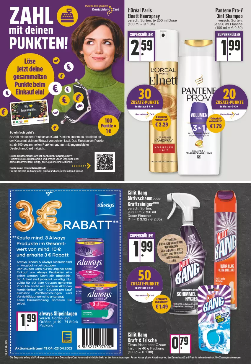 Aktueller Prospekt Edeka - Angebote der Woche - von 18.04 bis 23.04.2022 - strona 20 - produkty: alle coupons, Alwa, Always, binden, coupon, coupons, dailies, deutschlandcard, Discreet, eis, erde, flasche, gin, haarspray, kraft, LG, pantene, pantene pro-v, pro-v, reiniger, reis, shampoo, tee, tender, Ti, Tiere, usb