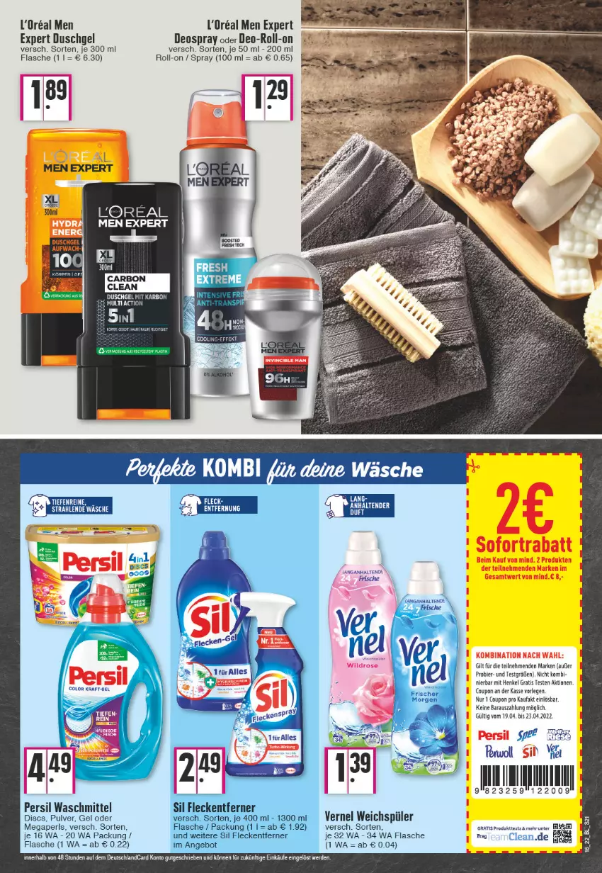 Aktueller Prospekt Edeka - Angebote der Woche - von 18.04 bis 23.04.2022 - strona 21 - produkty: angebot, bier, coupon, deo, deospray, deutschlandcard, duschgel, erde, flasche, fleckentferner, henkel, l'oreal, megaperls, persil, persil waschmittel, roll-on, sofortrabatt, Ti, vernel, waschmittel, weichspüler, Wild