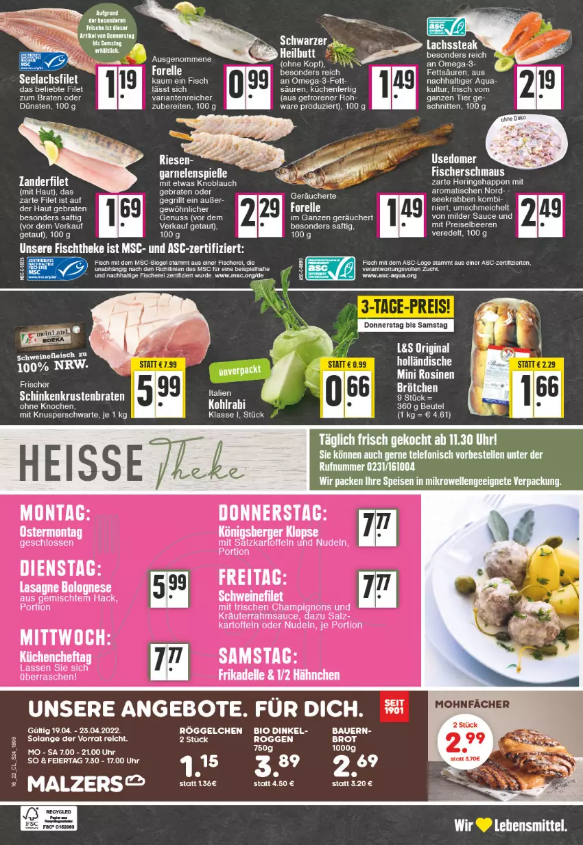 Aktueller Prospekt Edeka - Angebote der Woche - von 18.04 bis 23.04.2022 - strona 24 - produkty: angebot, angebote, aqua, auer, Bau, Bauer, beere, beeren, Berger, bett, bio, braten, brot, brötchen, champignon, champignons, eier, eis, elle, ente, filet, fisch, fische, Fischer, forelle, gin, grill, hering, Herings, Heringshappen, kartoffel, kartoffeln, knoblauch, kohlrabi, Königsberger Klopse, kräuter, krustenbraten, küche, Küchen, lasagne, lebensmittel, Maus, nudel, nudeln, nuss, omega, Omega-3, reis, rel, Ria, ring, saft, salz, sauce, Schere, schinken, schnitten, schwein, schweine, schweinefilet, tee, telefon, Ti, tisch, uhr, wein, weine, Zander