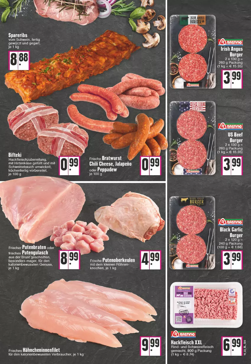 Aktueller Prospekt Edeka - Angebote der Woche - von 18.04 bis 23.04.2022 - strona 9 - produkty: Bau, beef, braten, bratwurst, burger, chili, eis, filet, fleisch, gewürz, gulasch, hackfleisch, hirtenkäse, Käse, küche, Küchen, lack, leine, nuss, pute, Putenoberkeule, Rauch, rind, schnitten, schwein, schweine, Schweinebauch, schweinefleisch, spareribs, Ti, wein, weine, WICK, wurst