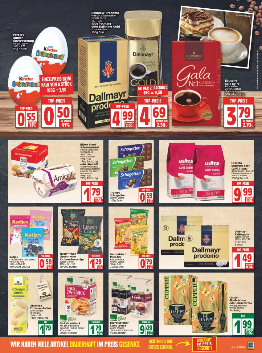 Aktueller Prospekt Edeka - Angebote der Woche - von 31.01 bis 05.02.2022 - strona 13 - produkty: amicelli, auto, beutel, bio, bohne, bohnen, butter, caffe, chips, creme, dallmayr, dallmayr gold, dallmayr prodomo, eduscho, eis, elle, erbsen, espresso, espresso oder, ferrero, filterkaffee, frucht, früchte, fruchtgummi, funny-frisch, geback, haselnuss, Haselnusscreme, kaffee, kaffeepads, kaffeevollautomat, kaffeevollautomaten, kichererbsen, KnabberSnack, kräuter, Lakritz, lavazza, LG, linsen, mehl, natur, natura, nuss, oder lakritz, pom-bär, prodomo, ritter, ritter sport, rum, schogetten, schoko, schokolade, schokoladen, schokowürfel, snack, Sport, tee, tomate, tomaten, vollautomaten, würfel, zitrone, zitronen