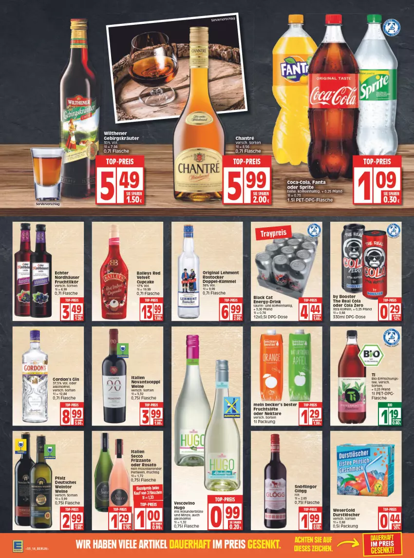 Aktueller Prospekt Edeka - Angebote der Woche - von 31.01 bis 05.02.2022 - strona 14 - produkty: alkohol, ball, bio, Blüte, cola, drink, ecco, flasche, frizzante, frucht, fruchtsäfte, gin, gordon, Gordon’s, holunder, holunderblüte, hugo, kräuter, lack, likör, minze, Nektar, rel, rosato, Rostocker, säfte, tee, Ti, velvet, vescovino, wein, weine