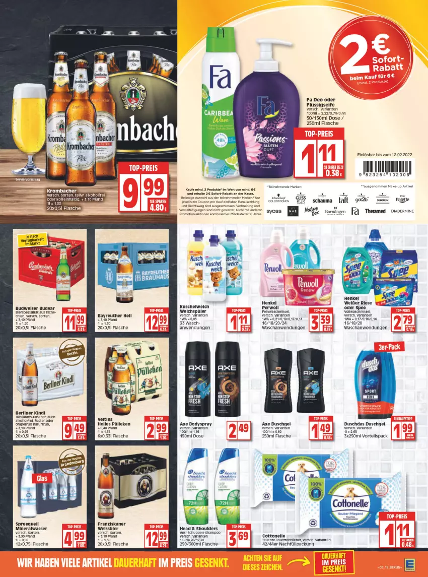 Aktueller Prospekt Edeka - Angebote der Woche - von 31.01 bis 05.02.2022 - strona 15 - produkty: Alwa, arla, axe, axe duschgel, berliner, bier, body, bodyspray, Brei, budweiser, Colorationen, cottonelle, coupon, deo, Diadermine, duschdas, duschgel, eis, elle, feinwaschmittel, flasche, flüssigseife, franziskaner, gliss, got2b, grapefruit, henkel, Jubiläums, Kuschelweich, Make-up, mineralwasser, natur, perwoll, radler, rel, Ria, schwarzkop, schwarzkopf, Seife, shampoo, sofort-rabatt, spee, Spreequell, syoss, tee, theramed, Ti, tücher, veltins, vollwaschmittel, waschmittel, wasser, weichspüler, weissbier, Yo