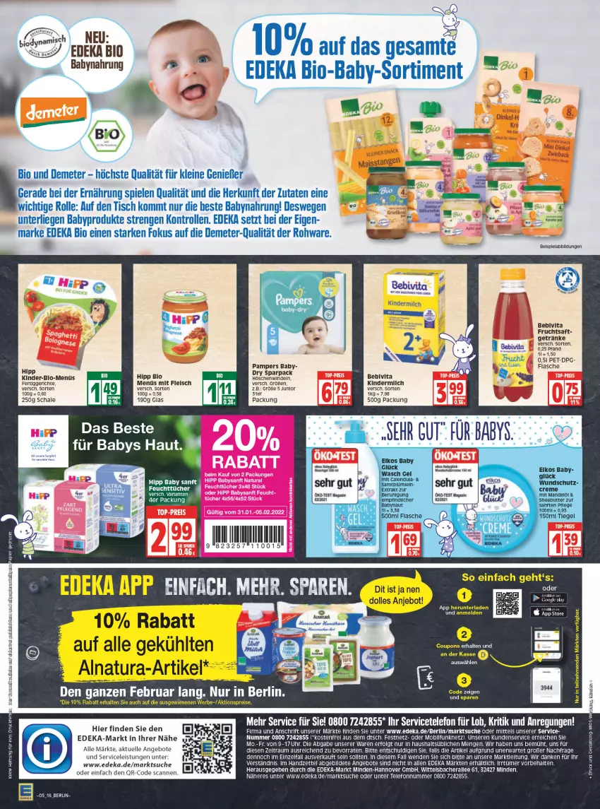 Aktueller Prospekt Edeka - Angebote der Woche - von 31.01 bis 05.02.2022 - strona 16 - produkty: aktionspreis, angebot, angebote, Babynahrung, bebivita, bio, coupon, coupons, deka, edeka bio, eier, eis, elle, fertiggericht, fertiggerichte, feuchttücher, flasche, fleisch, frucht, fruchtsaft, getränk, getränke, hipp, Kinder, kindermilch, leine, LG, Liege, magazin, milch, natur, natura, pampers, reis, Ria, saft, Schal, Schale, Spiele, telefon, Ti, tisch, tücher, uhr, vita, Yo